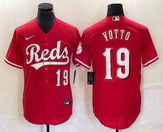 Men%27s Cincinnati Reds #19 Joey Votto Number Red Cool Base Stitched Baseball Jersey